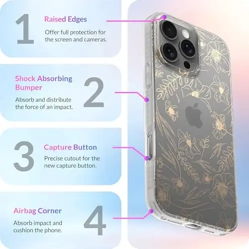 LONLI iPhone 16 Pro Max uchun Hue g'ilofi - [360° zarbani yutuvchi bamper] - [Qizlar va ayollar uchun yoqimli va noyob telefon qopqog'i] - Oltin gul naqshli - 6