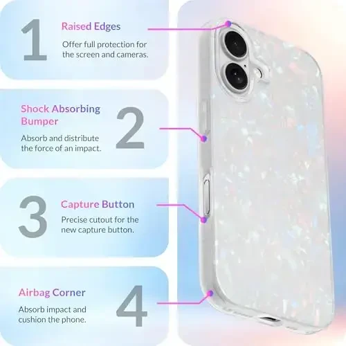 LONLI iPhone 16 uchun g'ilof - [360° zarbani yutuvchi bamper] - [Qizlar va ayollar uchun yoqimli va noyob telefon qopqog'i] - Oq marvarid toshbaqa - 6