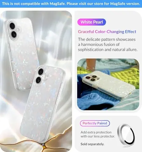 LONLI iPhone 16 uchun g'ilof - [360° zarbani yutuvchi bamper] - [Qizlar va ayollar uchun yoqimli va noyob telefon qopqog'i] - Oq marvarid toshbaqa - 3