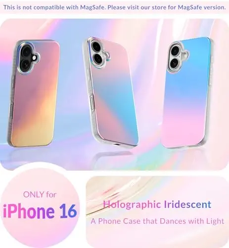 LONLI iPhone 16 uchun Hue Case - [360° zarbani yutuvchi bamper] - [Qizlar va ayollar uchun yoqimli va noyob telefon qopqog'i] - Fluorescent Holographic Iridescent - 2