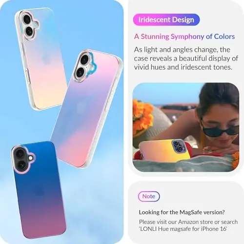 LONLI iPhone 16 uchun Hue Case - [360° zarbani yutuvchi bamper] - [Qizlar va ayollar uchun yoqimli va noyob telefon qopqog'i] - Fluorescent Holographic Iridescent - 3