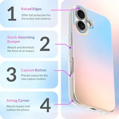 LONLI iPhone 16 uchun Hue Case - [360° zarbani yutuvchi bamper] - [Qizlar va ayollar uchun yoqimli va noyob telefon qopqog'i] - Fluorescent Holographic Iridescent - 6