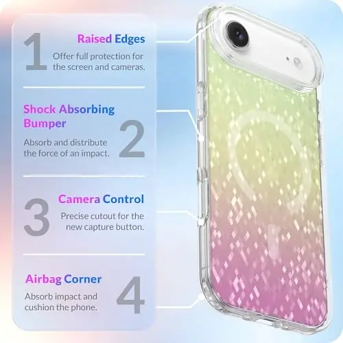 LONLI iPhone 17 Air Manyetik Kılıf için — 'Prizmatik Piksel Konfeti' Parıltısı, Magsafe Uyumlu, Sevimli Estetik İnce Darbeye Dayanıklı Tampon, Kadınlar ve Kız Çocukları için Kristal Berraklığında Telefon Kılıfı (Gökkuşağı) - 4