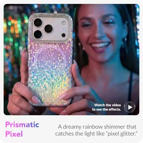 LONLI Hue for iPhone 17 Pro Max Magnetic Case — 'Prismatic Pixel Confetti' Shimmer, Compatible with Magsafe, Cute Aesthetic Slim Shockproof Bumper, Crystal Clear Phone Cover for Women Girls (Rainbow) - 2