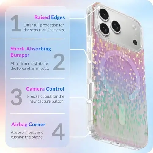 LONLI Hue for iPhone 17 Pro Max Magnetic Case — 'Prismatic Pixel Confetti' Shimmer, Compatible with Magsafe, Cute Aesthetic Slim Shockproof Bumper, Crystal Clear Phone Cover for Women Girls (Rainbow) - 4