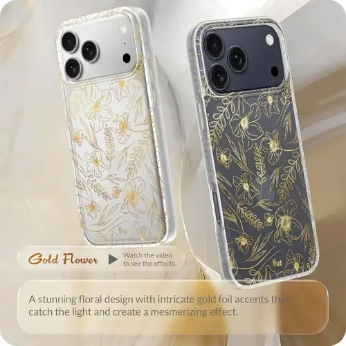 LONLI iPhone 17 Pro Max uchun g'ilof - Oltin gul naqshli zarbga chidamli telefon qopqog'i - [Zarbni yutuvchi bamper] - Ayollar va qizlar uchun nafis, noyob va estetik - 2