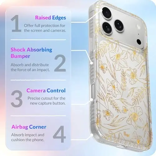 LONLI iPhone 17 Pro Max uchun g'ilof - Oltin gul naqshli zarbga chidamli telefon qopqog'i - [Zarbni yutuvchi bamper] - Ayollar va qizlar uchun nafis, noyob va estetik - 5