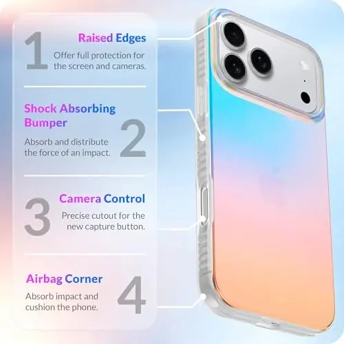 LONLI iPhone 17 Pro uchun g'ilof - Holografik rangli zarbga chidamli yoqimli telefon qopqog'i - [Zarb yutuvchi bamper] - Ayollar va qizlar uchun yoqimli, noyob va estetik - 6