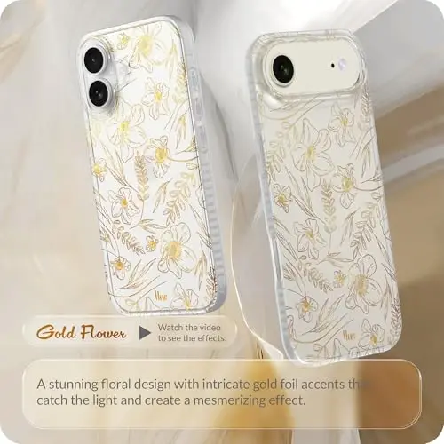 LONLI iPhone 17 uchun g'ilofi - Oltin gulli zarbga chidamli telefon qopqog'i - [Zarbni yutuvchi bamper] - Ayollar va qizlar uchun nafis, noyob va estetik - 2