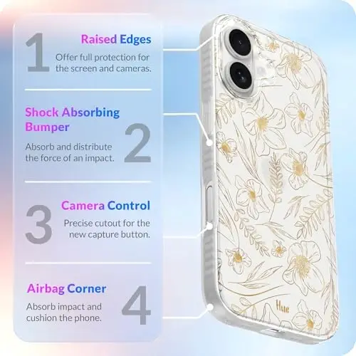 LONLI iPhone 17 uchun g'ilofi - Oltin gulli zarbga chidamli telefon qopqog'i - [Zarbni yutuvchi bamper] - Ayollar va qizlar uchun nafis, noyob va estetik - 5