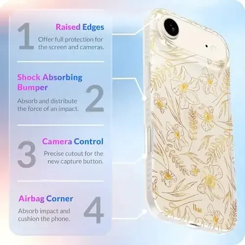 LONLI iPhone Air Case uchun Hue - Oltin gul naqshli zarbga chidamli telefon qopqog'i - [Zarbni yutuvchi bamper] - Ayollar va qizlar uchun nafis, noyob va estetik - 5