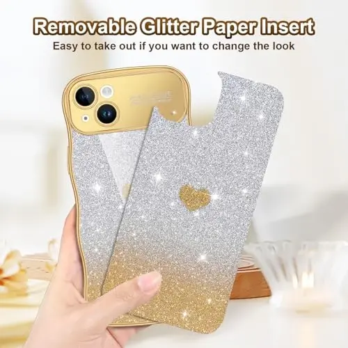 LONTECT чехол для iPhone 16 Pro Max, блестящий, роскошный, милый, волнистый бордюр, мягкий TPU бампер, противоударный защитный тонкий чехол для Apple iPhone 16 Pro Max 6.9 дюйма, прозрачный/золотой - 6