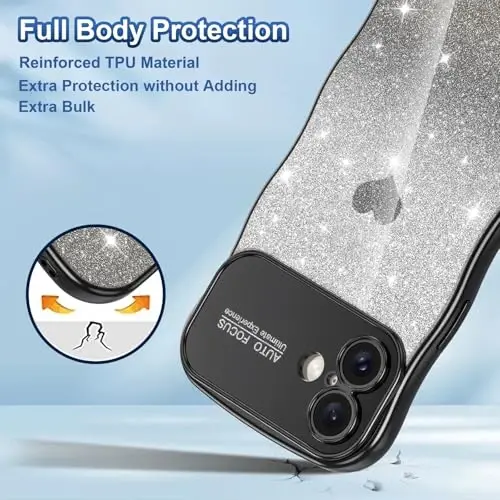 LONTECT for iPhone 16 Case Glitter Sparkle Luxury Plated Cute Curly Waves Border Soft TPU Bumper Shockproof Protective Cover Slim Case for Apple iPhone 16 6.1 inch,Clear/Black - 5