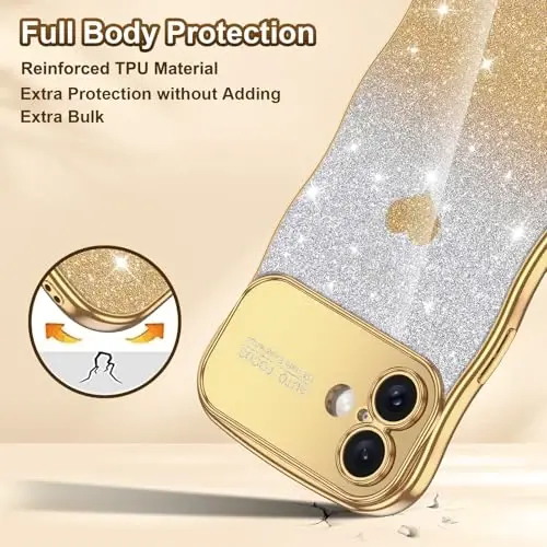LONTECT for iPhone 16 Case Glitter Sparkle Luxury Plated Cute Curly Waves Border Soft TPU Bumper Shockproof Protective Cover Slim Case for Apple iPhone 16 6.1 inch,Clear/Gold - 5