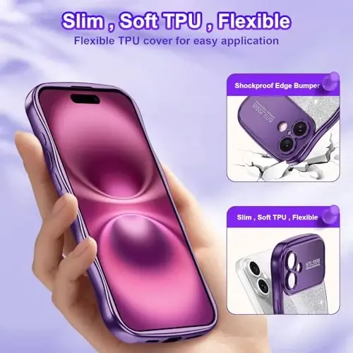 LONTECT for iPhone 16 Plus Case Glitter Sparkle Luxury Plated Cute Curly Waves Border Soft TPU Bumper Shockproof Protective Cover Slim Case for Apple iPhone 16 Plus 6.7 inch,Clear/Dark Purple - 3