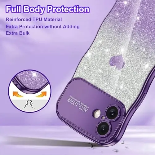 LONTECT for iPhone 16 Plus Case Glitter Sparkle Luxury Plated Cute Curly Waves Border Soft TPU Bumper Shockproof Protective Cover Slim Case for Apple iPhone 16 Plus 6.7 inch,Clear/Dark Purple - 5
