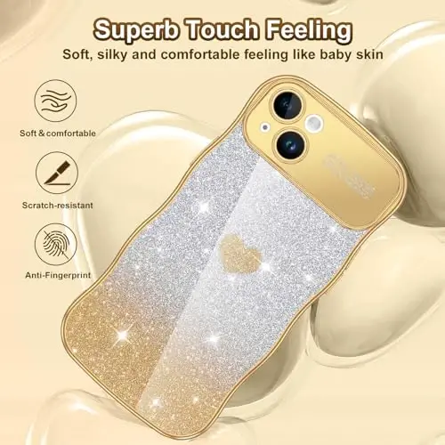 LONTECT for iPhone 16 Pro Max Case Glitter Sparkle Luxury Plated Cute Curly Waves Border Soft TPU Bumper Shockproof Protective Cover Slim Case for Apple iPhone 16 Pro Max 6.9 inch,Clear/Gold - 4