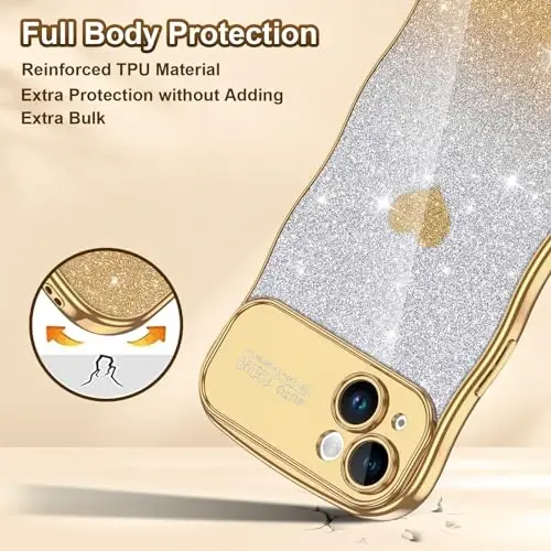 LONTECT for iPhone 16 Pro Max Case Glitter Sparkle Luxury Plated Cute Curly Waves Border Soft TPU Bumper Shockproof Protective Cover Slim Case for Apple iPhone 16 Pro Max 6.9 inch,Clear/Gold - 5