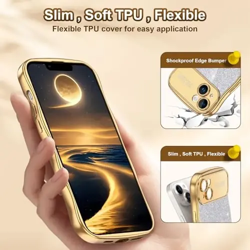 LONTECT for iPhone 16 Pro Max Case Glitter Sparkle Luxury Plated Cute Curly Waves Border Soft TPU Bumper Shockproof Protective Cover Slim Case for Apple iPhone 16 Pro Max 6.9 inch,Clear/Gold - 3