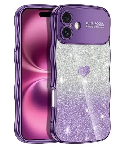 LONTECT iPhone 16 Plus uchun g'ilof Yaltiroq jilo Hashamatli Qoplangan Chiroyli Jingalak To'lqinlar Yumshoq TPU Bamper Zarbadan himoya qiluvchi Yengil g'ilof Apple iPhone 16 Plus 6.7 dyuym, Shaffof/To'q Binafsha 