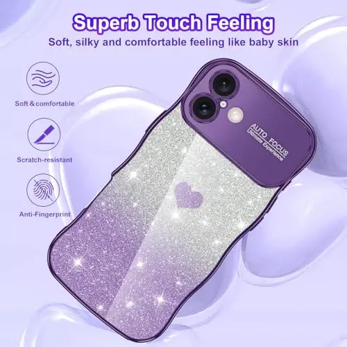 LONTECT iPhone 16 Plus uchun g'ilof Yaltiroq jilo Hashamatli Qoplangan Chiroyli Jingalak To'lqinlar Yumshoq TPU Bamper Zarbadan himoya qiluvchi Yengil g'ilof Apple iPhone 16 Plus 6.7 dyuym, Shaffof/To'q Binafsha - 4