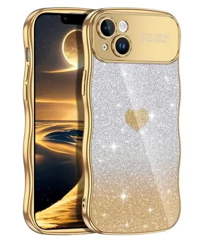 LONTECT iPhone 16 Pro Max uchun g'ilof Yaltiroq Jilosiz Qoplangan Hashamatli Chiroyli Jingalak To'lqinlar Chegarasi Yumshoq TPU Bamper Zarbadan Himoya Qiluvchi Yengil G'ilof Apple iPhone 16 Pro Max 6.9 dyuym, Shaffof/Oltin - 1