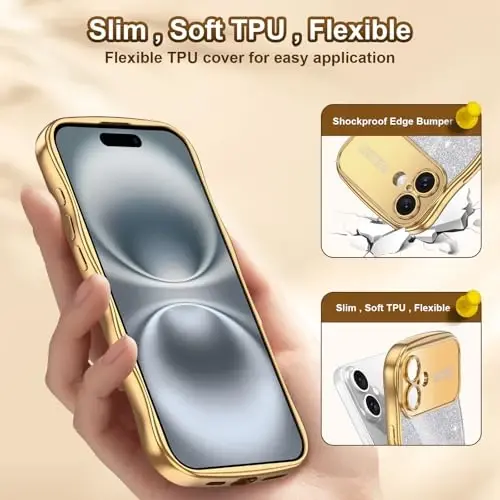 LONTECT iPhone 16 uchun g'ilof Yaltiroq Jilo Hashamatli Qoplangan Chiroyli Jingalak To'lqinlar Chegara Yumshoq TPU Bamper Zarbadan Himoya Qiluvchi Yupqa G'ilof Apple iPhone 16 6.1 dyuym, Shaffof/Oltin - 3