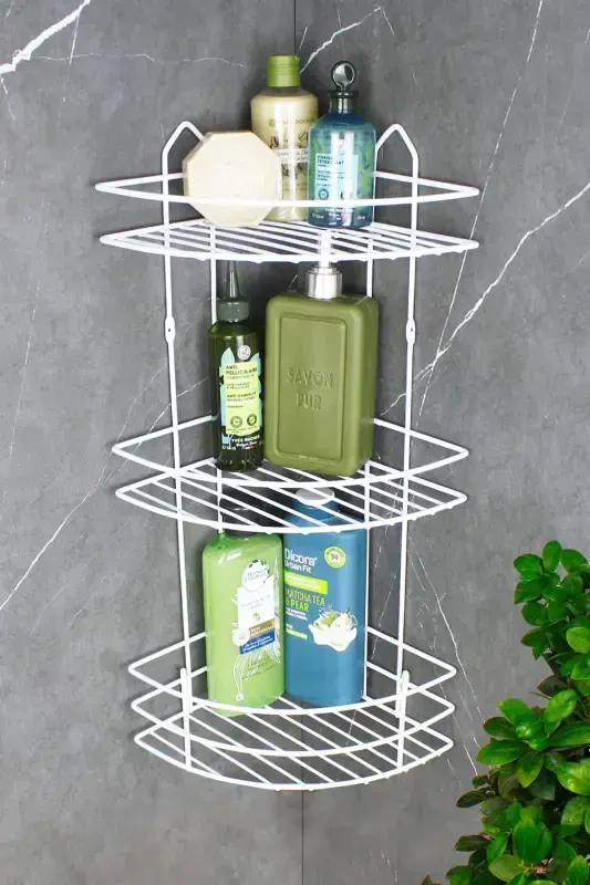 Loofah Hanger Economic Stainless Adhesive Triple Shampoo Bathroom Corner Shower Corner Shelf Organizer-WHITE - 1