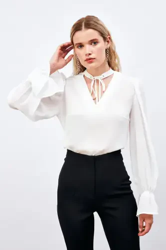 Loose Blouse with Tie Detail at Collar - ECRU - SATEEN (1)
