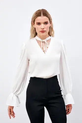 Loose Blouse with Tie Detail at Collar - ECRU - 3