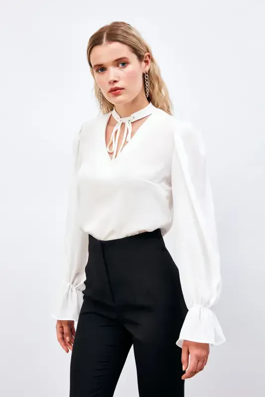 Loose Blouse with Tie Detail at Collar - ECRU - 4