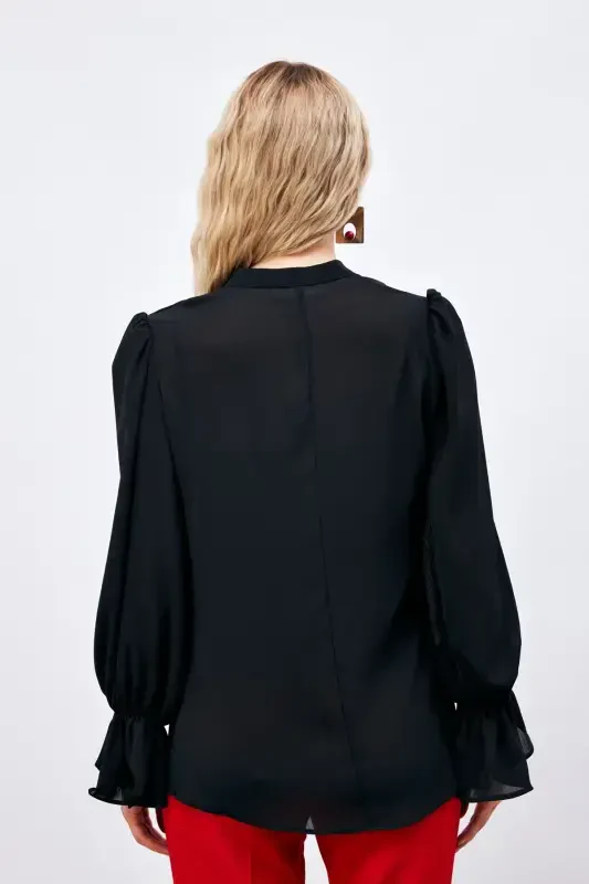 Loose Blouse with Tie Detail at the Neck - BLACK - 6