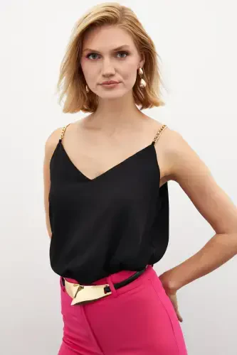 Loose Chain Strap Blouse - Black - 3