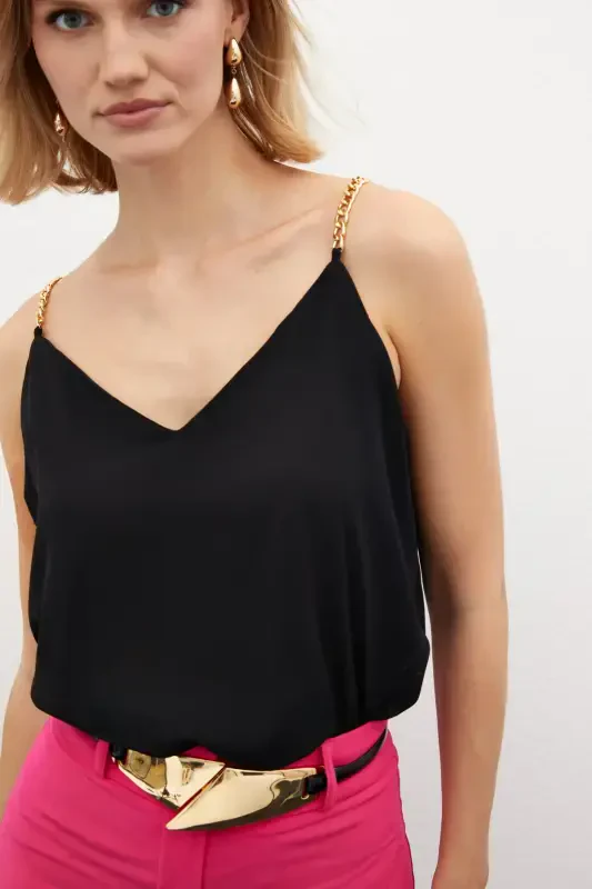 Loose Chain Strap Blouse - Black - 4