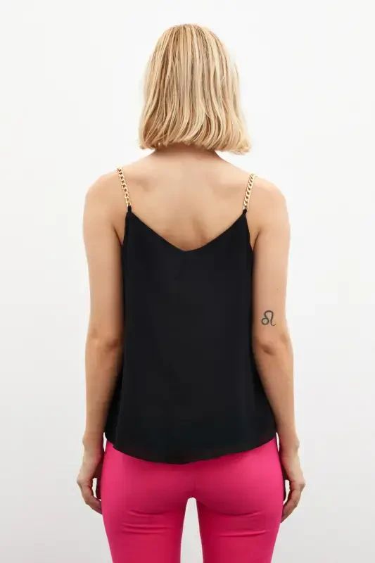 Loose Chain Strap Blouse - Black - 5