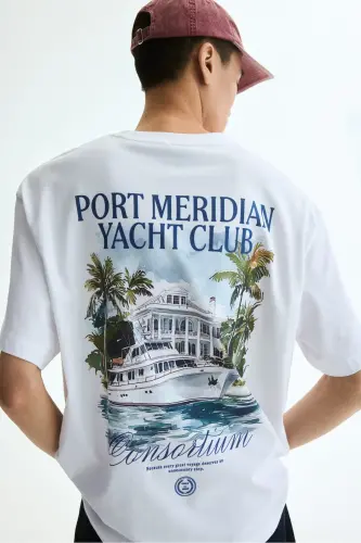 Loose Fit Baskılı Tişört - Beyaz/Port Meridian Yacht Club - 1