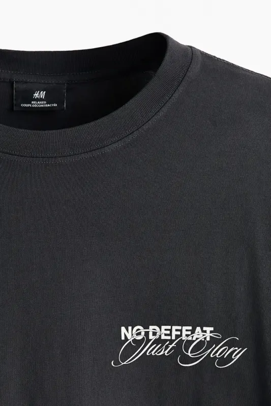 Loose Fit Baskılı Tişört-Koyu gri/No Defeat - 2
