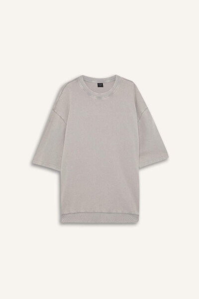 Loose Fit Bisiklet Yaka Yıkamalı Soluk Efektli Kısa Kollu Tişört-Gri - 7