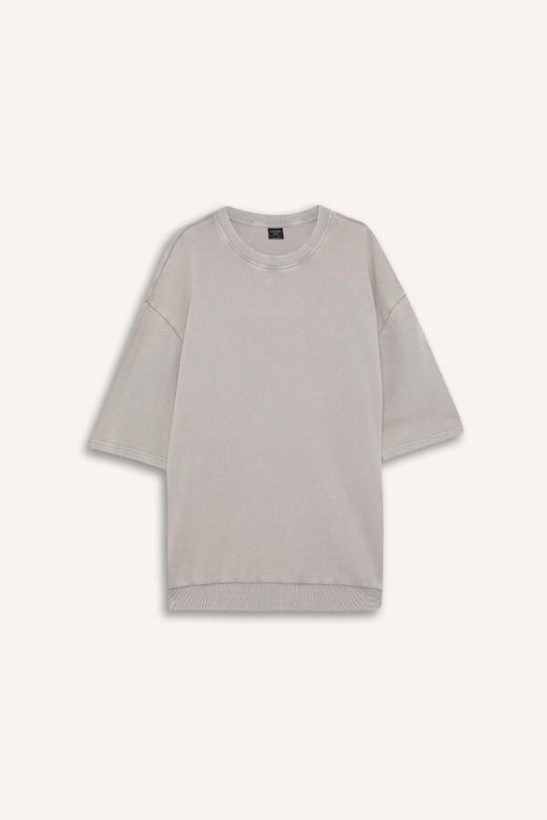 Loose Fit Bisiklet Yaka Yıkamalı Soluk Efektli Kısa Kollu Tişört-Gri - 7