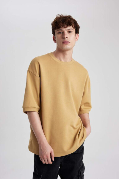 Loose Fit Crew Neck Short Sleeve Heavy Fabric T-Shirt Yellow - 4