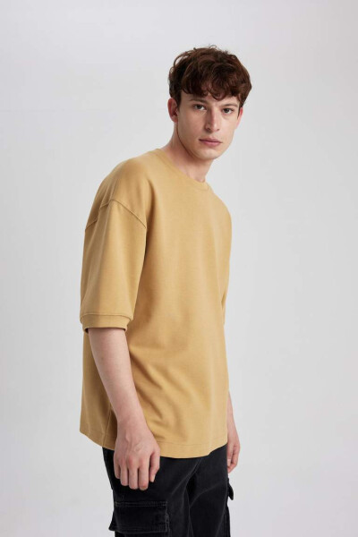 Loose Fit Crew Neck Short Sleeve Heavy Fabric T-Shirt Yellow - 7