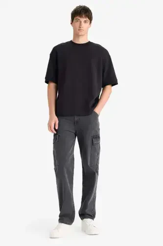 Loose Fit Crew Neck Short Sleeve Heavyweight T-Shirt Black - DEFACTO (1)