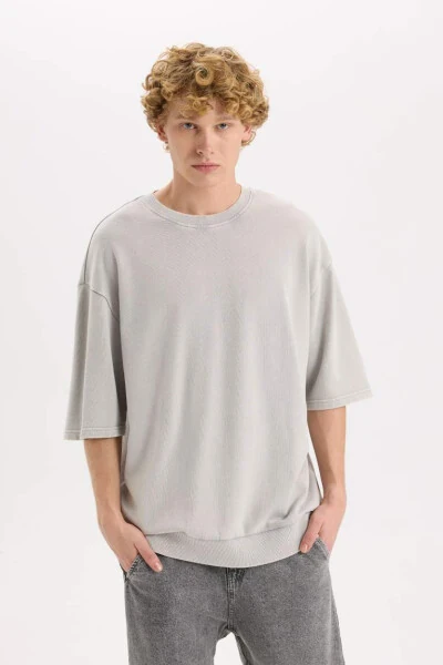 Loose Fit Crew Neck Washed Out Short Sleeve T-Shirt Grey - DEFACTO