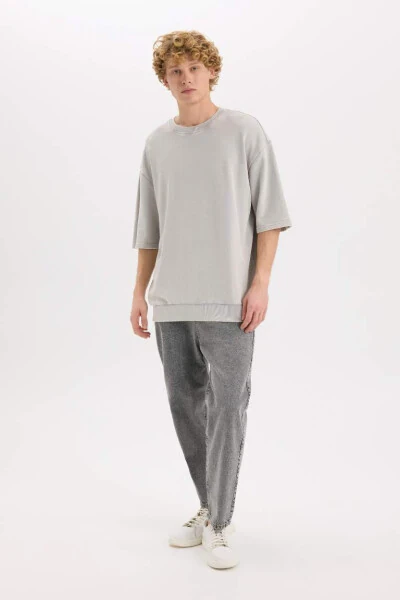 Loose Fit Crew Neck Washed Out Short Sleeve T-Shirt Grey - DEFACTO (1)