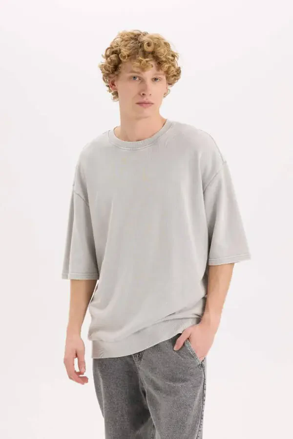 Loose Fit Crew Neck Washed Out Short Sleeve T-Shirt Grey - 3