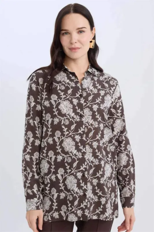 Loose Fit Desenli Uzun Kollu Gömlek Tunik-Kahve - DEFACTO