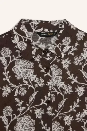 Loose Fit Desenli Uzun Kollu Gömlek Tunik-Kahve - 7