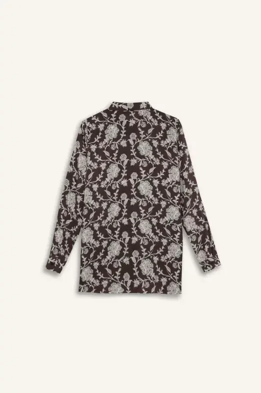 Loose Fit Desenli Uzun Kollu Gömlek Tunik-Kahve - 8