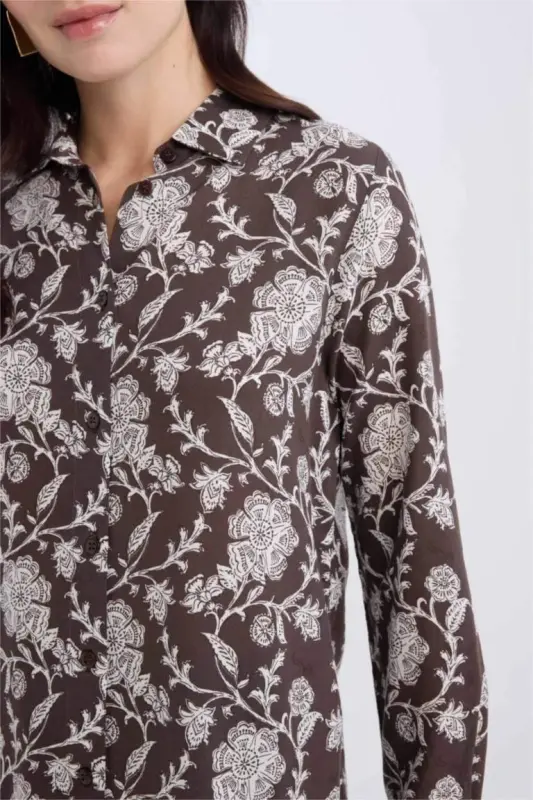 Loose Fit naqshli uzun yengli ko'ylak tunika - qahva - 4