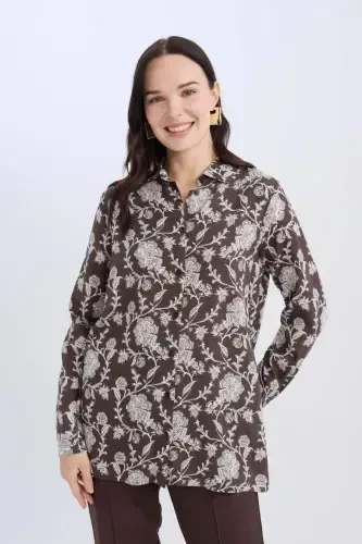 Loose Fit Patterned Long Sleeve Shirt Tunic-Coffee - 3